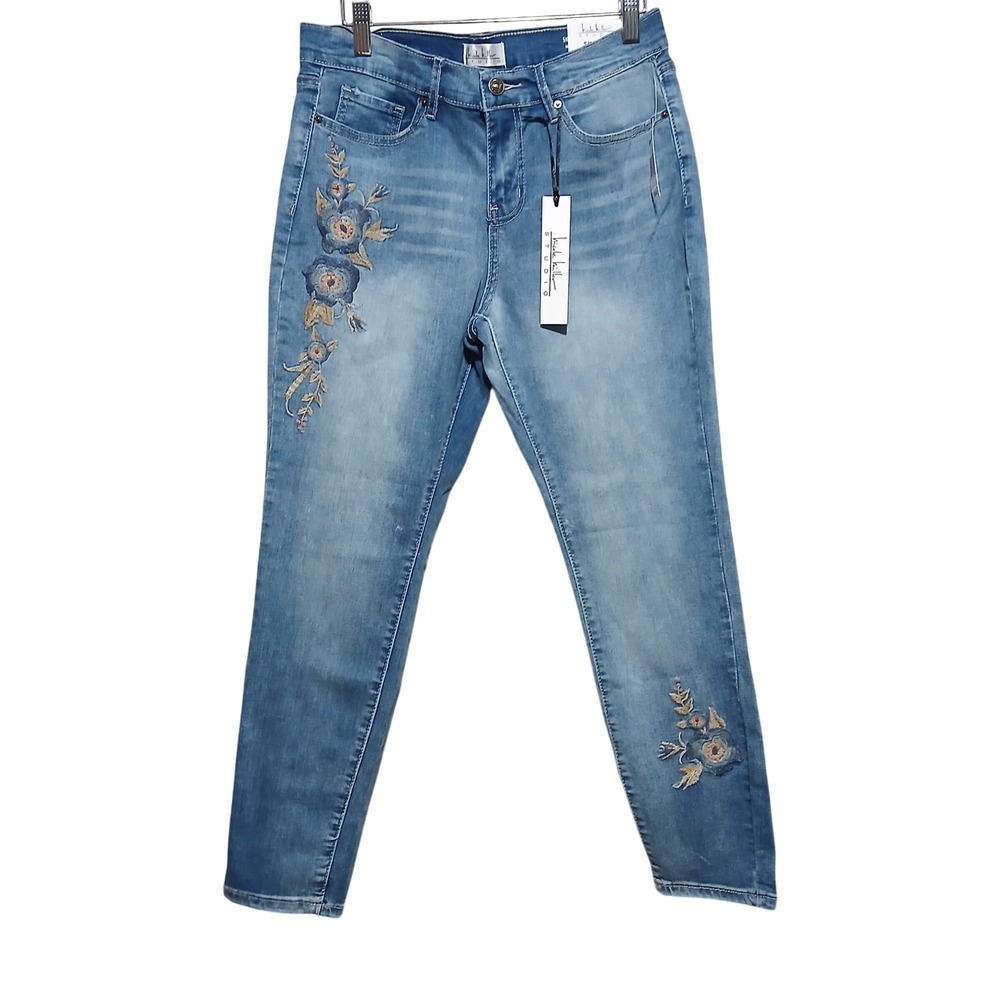 Nicole Miller Studio Women's Skinny Mid Rise Jeans Size 8 Embroidered Blue Denim